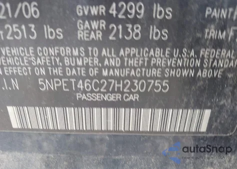 2007 Hyundai Sonata Gls из США, поврежденный, VIN 5NPET46C27H230755